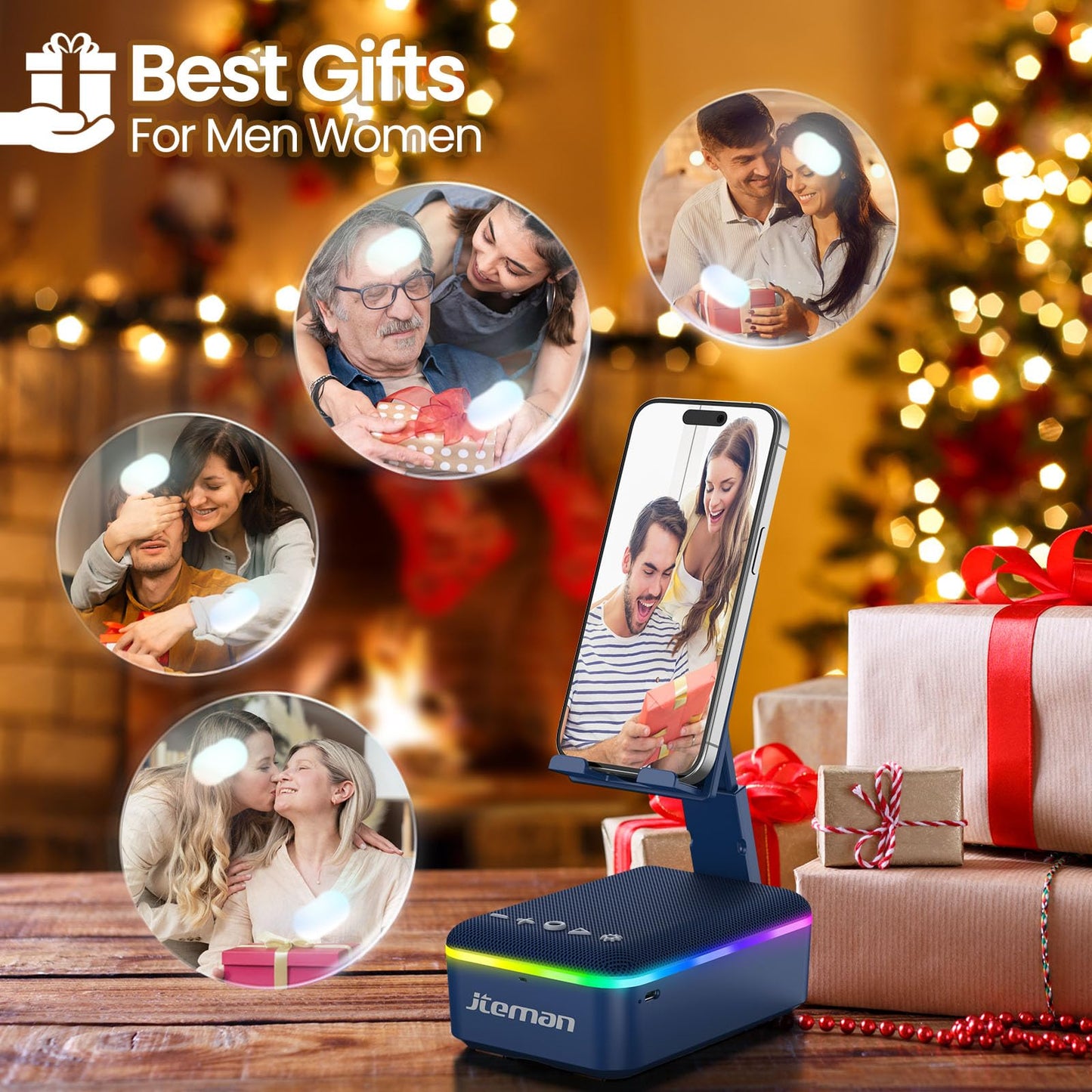JTEMAN Gifts for Men Women,Cell Phone Stand with Bluetooth Speaker,LED Light,and Lanyard,Cool Tech Gadgets,Unique Birthday Gifts for Men Husband Mom Dad-Blue