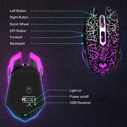 Wireless Gaming Mouse, Rechargeable Wireless Computer Mouse, 7-Color LED Light, Ergonomic Mouse with 6 Silent Click Buttons, 3 Adjustable 2400 DPI Wireless Mouse for Laptop,PC,Mac, Black