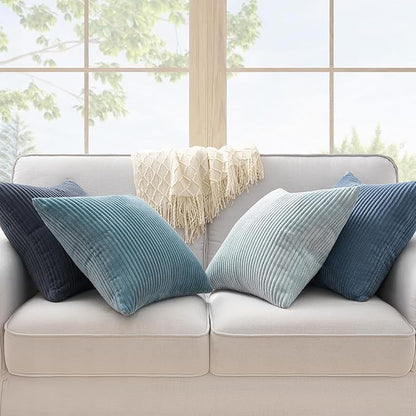 Topfinel BlueGray Throw Pillow Covers 18x18 Inch Set of 4,Soft Accent Corduroy Decorative Cushion Cover,Square Modern Pillow Case for Beach,Patio,Balcony,Living Room,Summer Gradient Shams Home Decor