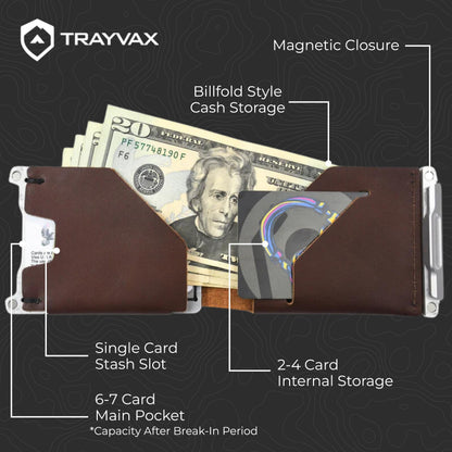 Trayvax Venture Billfold Wallet, Front Pocket Money and Credit Card Holder, Minimalist Slim Leather Metal Wallet for Men and Women, Frontier Brown Leather
