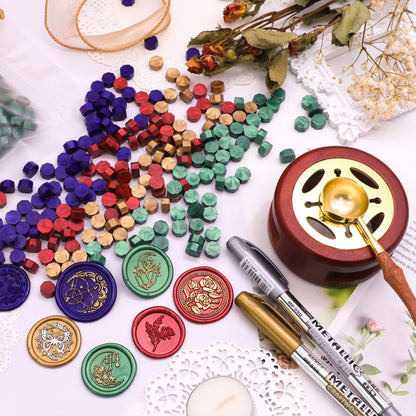 SWANGSA Sealing Wax Kit, 1450pcs Sealing Wax Beads Metallic Green, Wax Seal Warmer, Wax Spoon, Gold Wax Seal Pen and Tealight Candles for Wax Stamp Letter Sealing