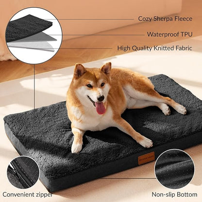 Patas Lague Orthopedic Jumbo Dog Bed for Large Sized Dog 56''X40'', Soft Waterproof Egg Crate Foam Large Pet Crate Beds Mat with Removable Washable Cover and Non-Slip Bottom, Black