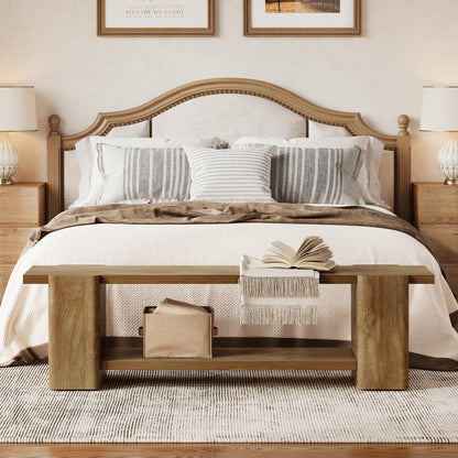 LITTLE TREE Wood Entryway Bench, 63" End of Bed Bench with Storage Shelf, Farmhouse Extra Long Shoe Bench for Entryway, Dining Room, Hallway, Living Room, Bedroom, Double-Reinforced Legs, Natural Oak