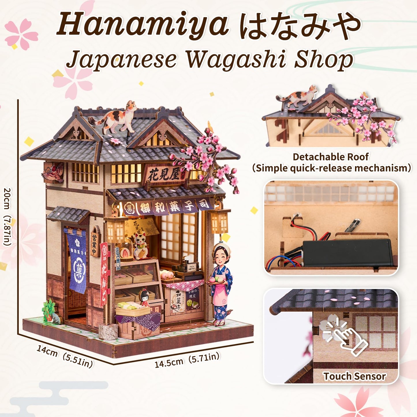 DIY Miniature Dollhouse Kit, Japanese Wagashi Shop 3D Wooden Puzzle with LED Light, Cherry Blossoms & Furniture, Cozy Home Decor, Relaxing Craft Hobby for Adults,Hanamiya
