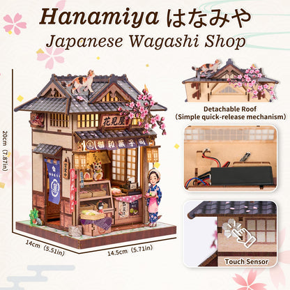 DIY Miniature Dollhouse Kit, Japanese Wagashi Shop 3D Wooden Puzzle with LED Light, Cherry Blossoms & Furniture, Cozy Home Decor, Relaxing Craft Hobby for Adults,Hanamiya