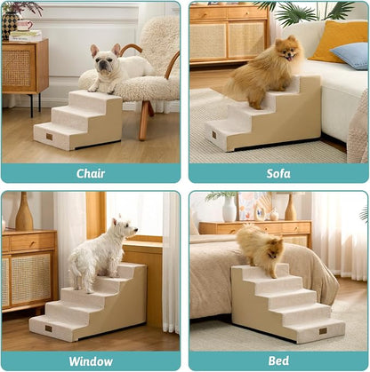 COZY KISS Dog Stairs for Small Dogs 11.7" H, 3-Step Gentle Incline Pet Step for Couch Chiars, Right-Angle Dog Ramp for Puppy Doggie Senior Cats, 15.7x17.7x11.7 Inch, Beige