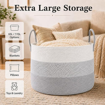 JMvicyroam 115L Extra Large Blanket Basket for Living Room - Woven Cotton Rope Laundry Hamper with Reinforced Handles - Storage Bin for Pillows, Comforters & Toys - Machine Washable,White&Grey Mix