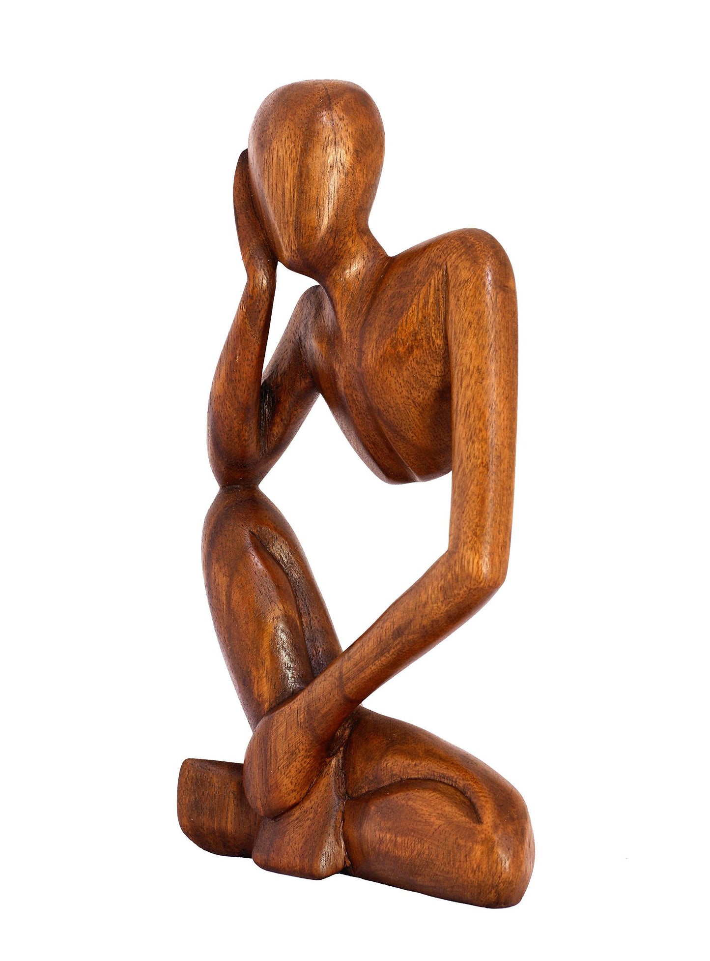 G6 Collection 12" Wooden Abstract Thinker Statue, Hand Carved Thinking Man Figurine, Modern Minimalist Sculpture, Handmade Home Decor Accent Gift (Brown)