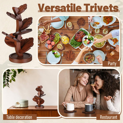 Zhehao 7 Pcs Bamboo Wooden Tree Trivets with Storage Stand, Tea Brown Tree Shape Coaster Trivet Set for Hot Dishes Pot Bowl Teapot Heat Resistant Mat Set for Countertop Kitchen Dining Table