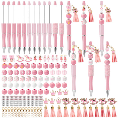 COcnny Christmas Nutcracker Beadable Pens - 12 Set Pink DIY Ballpoint Pen Making Kit with Bead Craft for Kids, Winter Beaded Pen Bulk Charm Tassel Supplies for Xmas Party Women School Students Gift