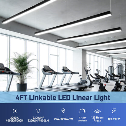 hykolity 4FT LED Architectural Suspended Linear Channel Light Linkable, 23/32/40W 3000K/4000K/5000K CCT Selectable, 0-10V Dim Office Lighting Fixture for Commercial Places, 4600lm, ETL, 4 Pack - Black