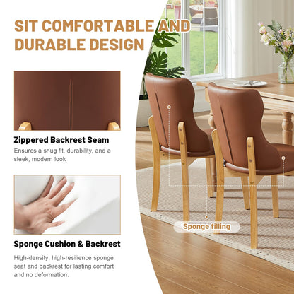 Faux Leather Dining Chairs Set of 2, Upholstered Dining Room Chair with Button Tufted, Solid Wood Legs, Mid Century Modern, Luxury Wingback Side Chair for Living Room, Kitchen, Restaurant, Brown