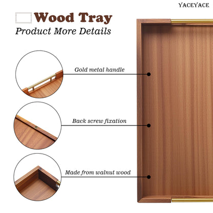 YACEYACE Wooden Serving Tray with Metal Handles, 14" x 9.8" x 1.7" Small Serving Tray for Kitchen Counter, Ottoman Coffee Table, Bathroom, Home Decor