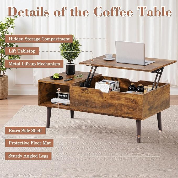 OLIXIS Wood Coffee Table Lift Top Coffee Tables for Living Room Office, Small Rising Wooden Center Tables with Large Storage Shelf and Hidden Compartment, Rust Brown