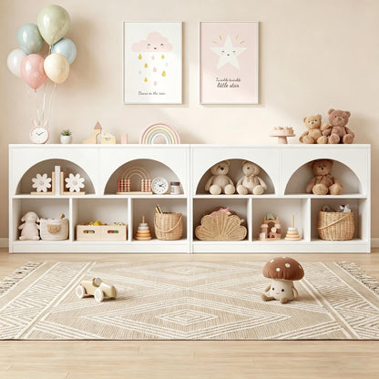 Fatmok 4 Pack Montessori Bookshelf, Modern Arched Wooden Toy Organizer, 5-Section Storage Shelf with Curved Edge, Decorative Furniture for Kids Room Play Area Nursery Kindergarten, White