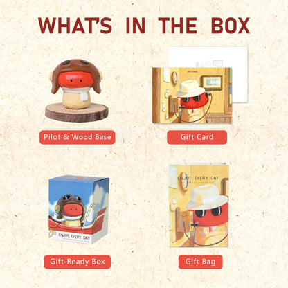 Jottings Handmade Wooden Pilot, Cute Funny Mushroom Figurine Desk Decor