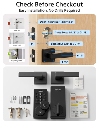 Philips WiFi Keypad Door Lock with Handle, Built-in WiFi, APP Remote Control, Voice & Fingerprint Unlock, Smart Locks for Front Door with Auto Lock, Digital Front Door Lock Set, Keyless Entry Deadbolt