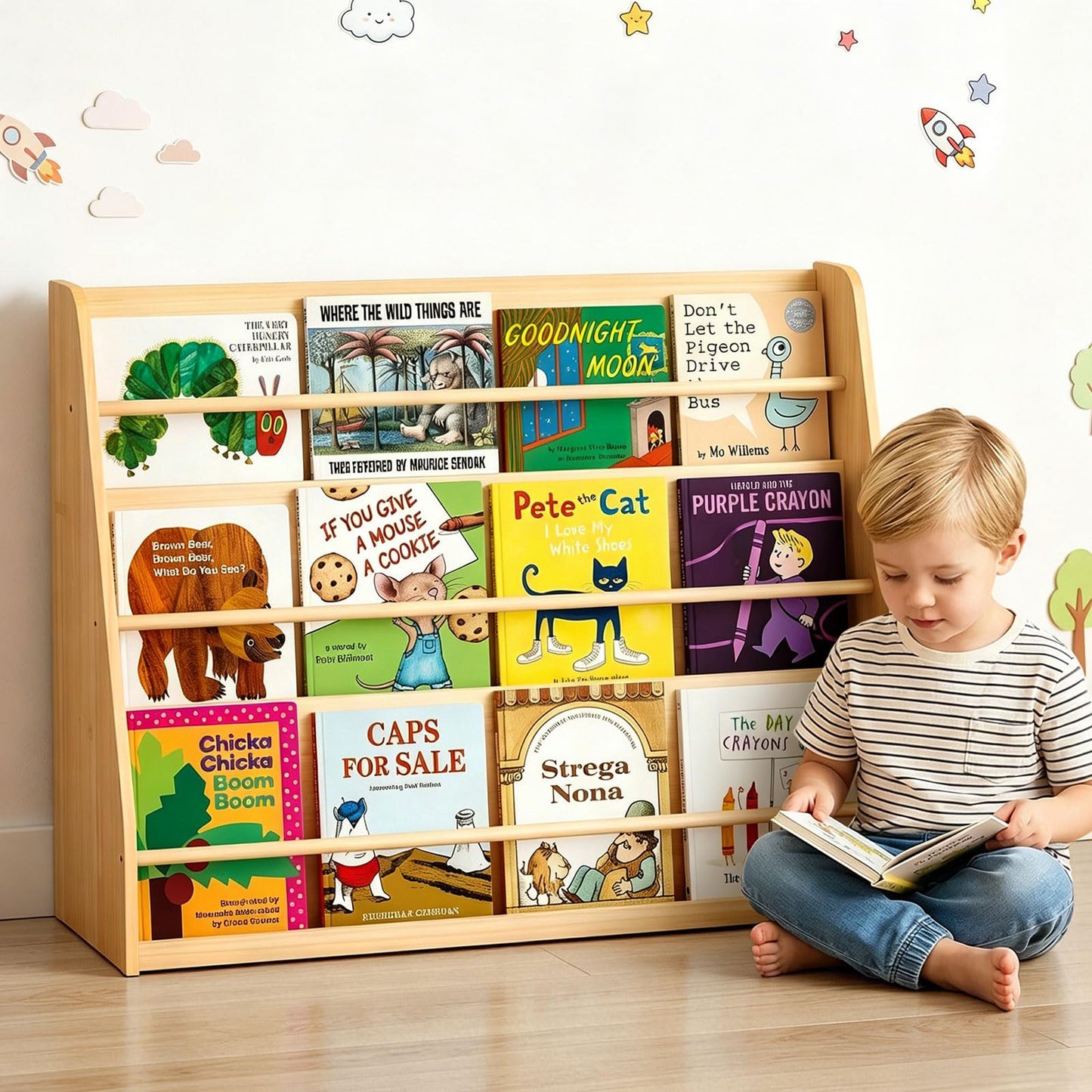 XiaZ Kids Bookshelf, Wooden Montessori Bookshelf for Toddlers with Front-Facing Display, Baby Book Display Shelves for Small Spaces, Childrens Book Organizer for Playroom, Nursery & Classroom, 3-Tier