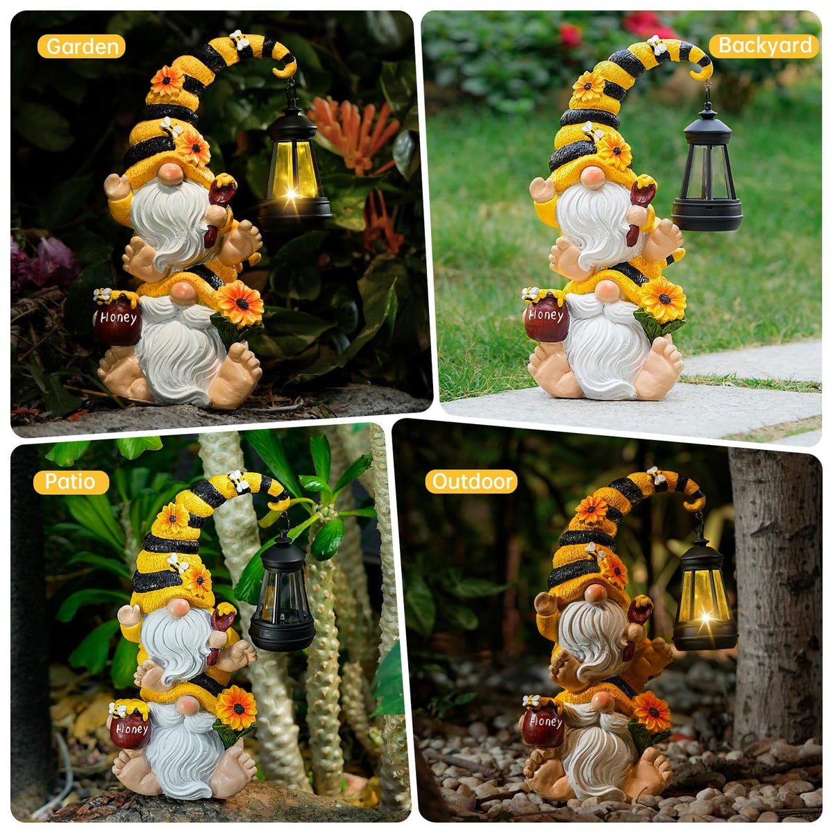 QZZP Solar Bee Garden Gnomes with LED Lantern – Waterproof Stacked Outdoor Decor for Yard, Patio – Unique Gnome Gift for Women, Mom, Grandma (Weatherproof Resin, Outdoor Statues)