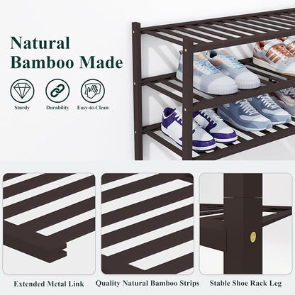 Smiry Bamboo Shoe Rack, 2 Tier Free Standing Wooden Shoe Organizer, Stackable Wood Shoe Storage Shelf for Closet, Entryway, 14 Vertical Slats, One-piece Heavy-Duty Legs, 26.8"x11"x13", Brown