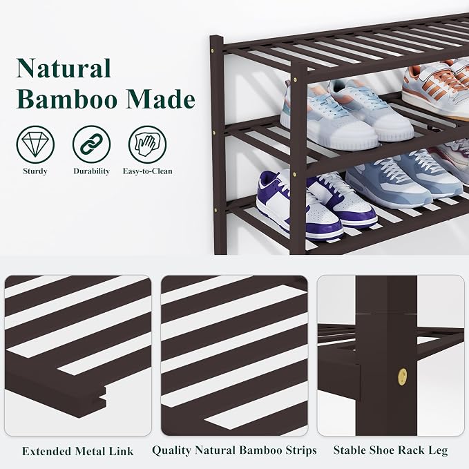 Smiry Bamboo Shoe Rack, 3 Tier Free Standing Wooden Shoe Organizer, Stackable Wood Shoe Storage Shelf for Closet, Entryway, 14 Vertical Slats, 2+1 Stack Heavy-Duty Legs, 26.8"x11"x19.5", Brown