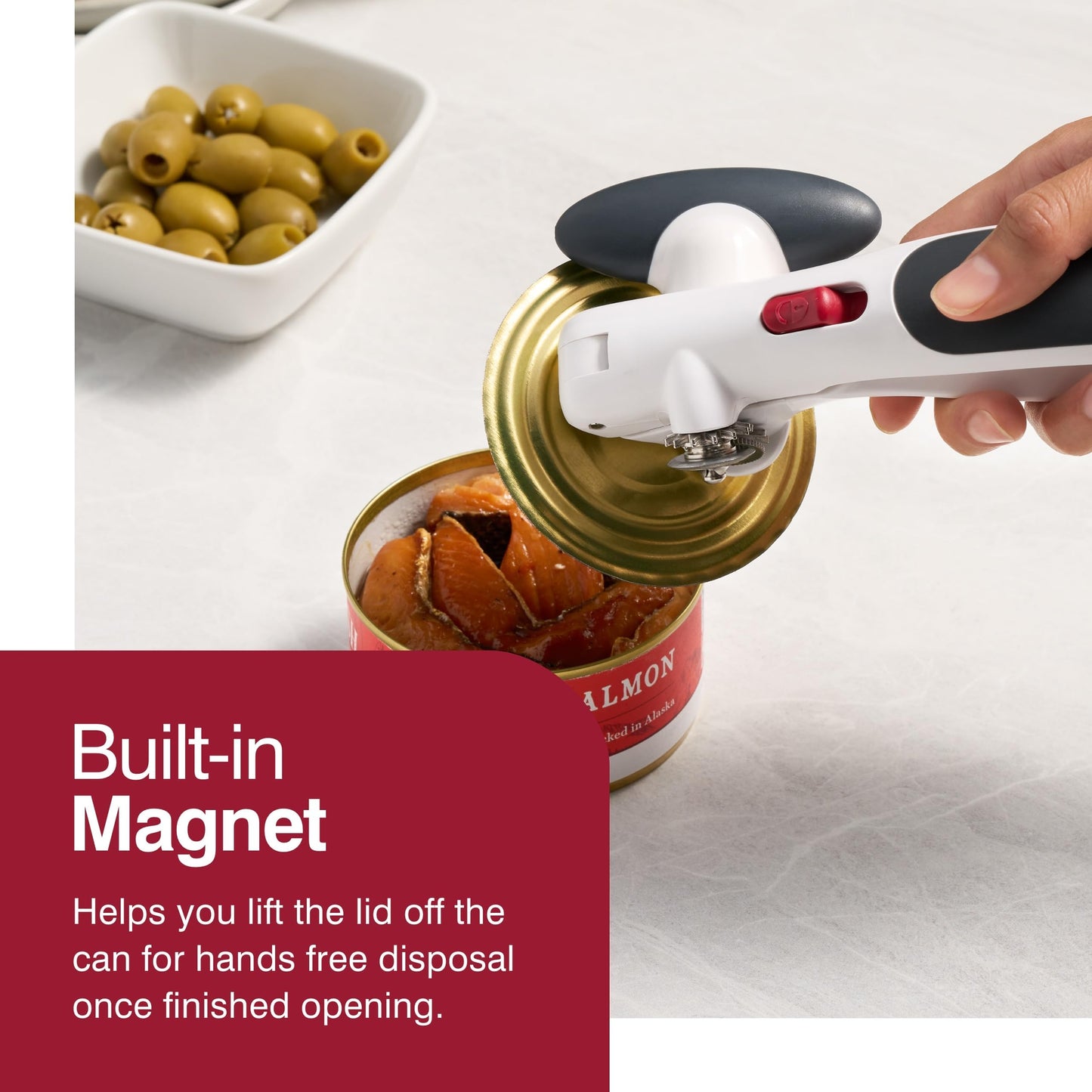 Zyliss Lock N' Lift Can Opener with Lid Lifter Magnet - Manual Opener with Locking Mechanism - Easy-to-Turn - Magnetic Can Opener - White/Gray