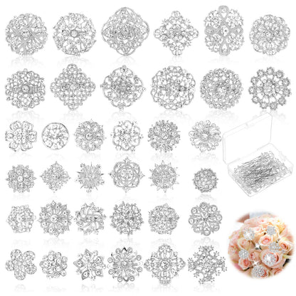 AOZUO 136 Pcs Clear Crystal Brooches for Women, Crystal Flower Brooch Pins with Rhinestones Bulk Brooches Jewelry Rhinestone Embellishments for DIY Jewelry Crafting Sewing Wedding Hair Decoration