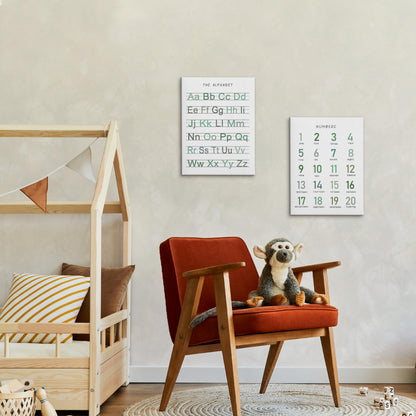 HRQKO Alphabet Numbers Nursery Canvas Wall Art Set of 2, Kids Room Decor Framed Art, Sage Green ABC Numbers Educational Posters Wall Decor for Classroom Toddler Nursery Bedroom Playroom, 11x14 inch