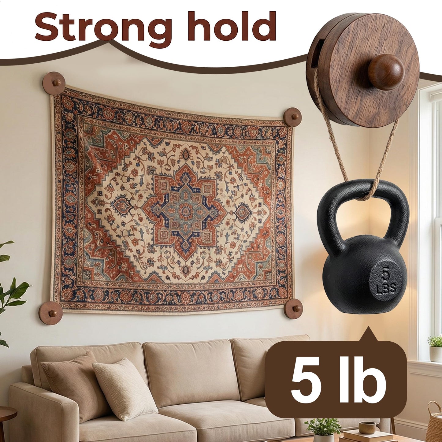 4pcs Walnut Adjustable Large Quilt Hanger for wall for Display,Wooden Heavy Duty wall Hanger Clips for Tapestry,Rug,Carpet and Duvet Covers,Poster Frame Nails and Hanging kit (Rustic Round Clip)