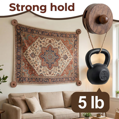 4pcs Walnut Adjustable Large Quilt Hanger for wall for Display,Wooden Heavy Duty wall Hanger Clips for Tapestry,Rug,Carpet and Duvet Covers,Poster Frame Nails and Hanging kit (Rustic Round Clip)