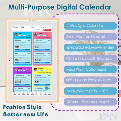 USIN 15.6 inch Wooden Digital Calendar, Wall Touch Screen Home Organizer, Family Chore Charts and Meal Planner, Interactive Display schedule, Desk and Wall Mounted, Smart Electronic Calendars with Free App