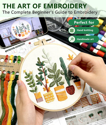 Irosiy 4 Pack Embroidery Kit for Beginners - 4 Cute Plant Pot Patterns, All-Inclusive Starter Set with Pre-Printed Canvas, Hoops - Handmade Home Decor Gift for DIY Craft Lovers