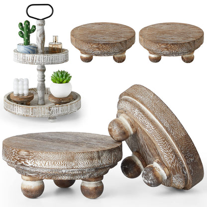 Yalikop Set of 4 Mini Wood Risers for Decor Round Wooden Riser Small Wooden Stool Display Decorative Farmhouse Rustic Wood Pedestal Stand for Plant Pot Tiered Tray Cake Food Home(Brown)