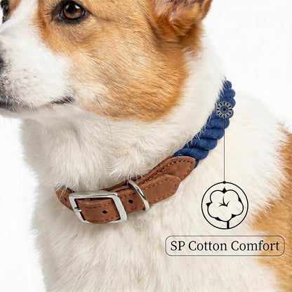 Mile High Life Genuine Leather Dog Collar, Durable Braided Cotton Rope Collar with Metal Pin Buckle for Small Medium Large Dogs (Navy Blue, S Neck 11"-15")
