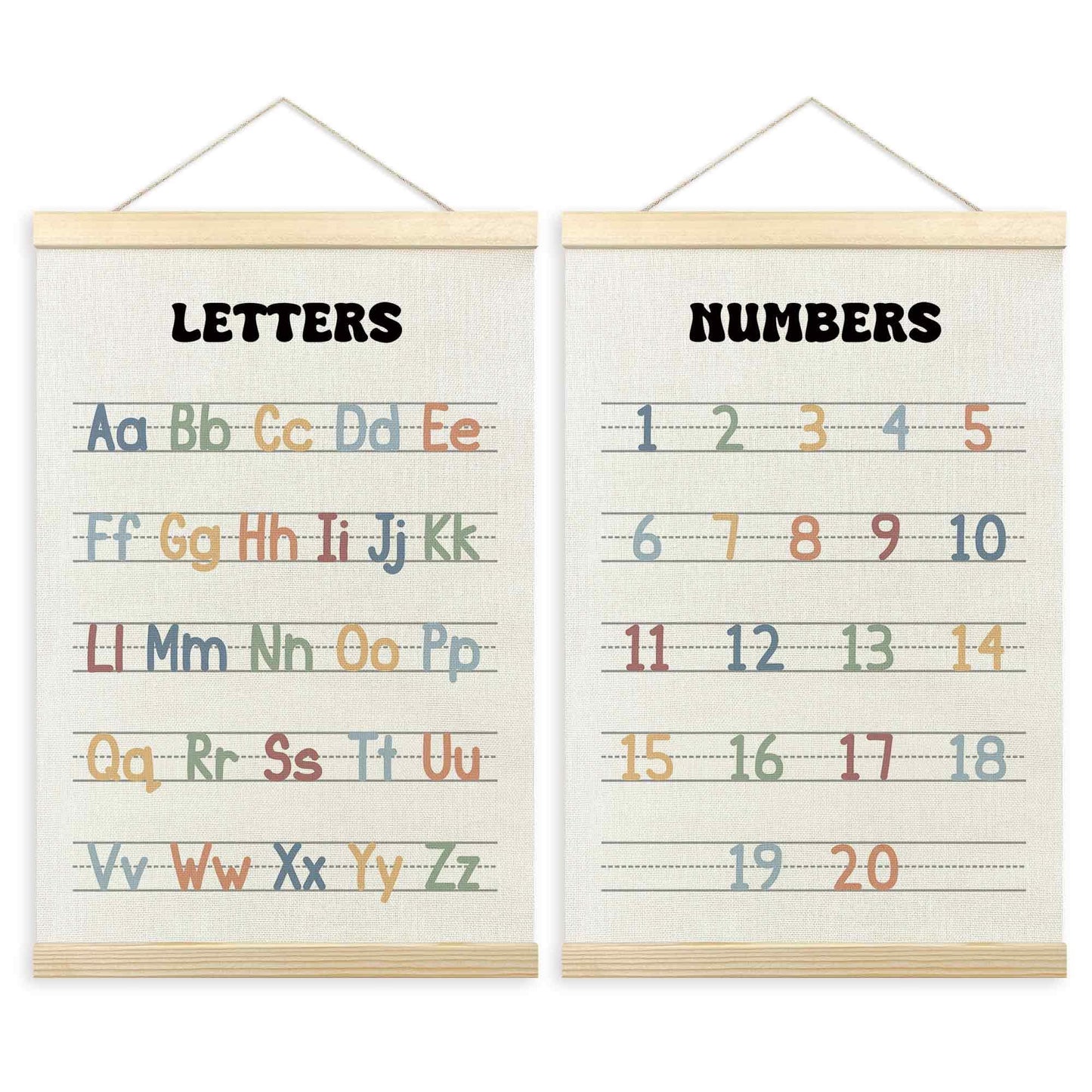 TLESKE Alphabet ABC Numbers Chart Poster Hanger Frame for Toddler Kid Classroom Set of 2, Homeschool Hanging Wall Art Decor for Nursery Playroom, Preschool Prek Learning Educational Poster, 16x24