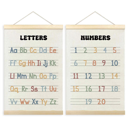 TLESKE Alphabet ABC Numbers Chart Poster Hanger Frame for Toddler Kid Classroom Set of 2, Homeschool Hanging Wall Art Decor for Nursery Playroom, Preschool Prek Learning Educational Poster, 16x24