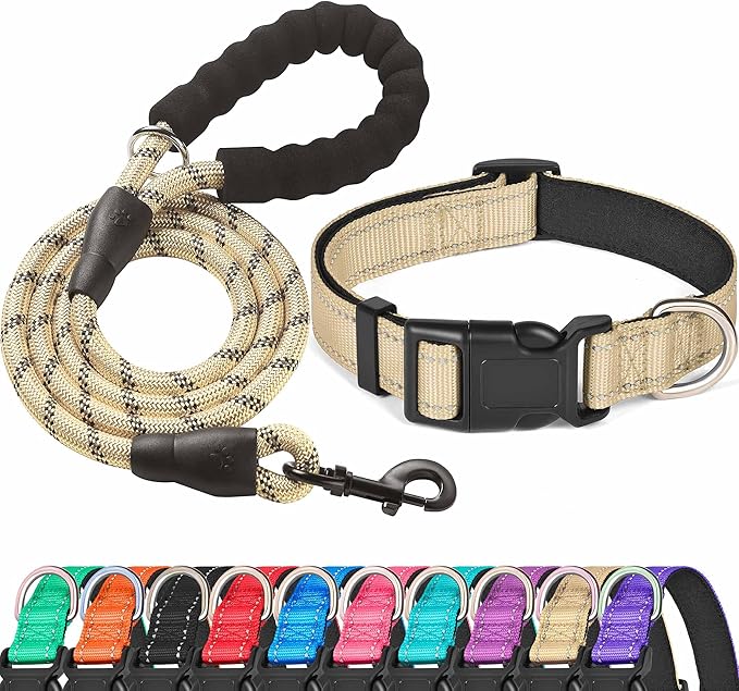 Ladoogo Reflective Dog Collar Padded with Soft Neoprene Breathable Adjustable Nylon Dog Collars for Small Medium Large Dogs (Small (Pack of 1), Vanilla Collar+Leash)