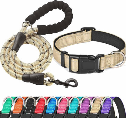 Ladoogo Reflective Dog Collar Padded with Soft Neoprene Breathable Adjustable Nylon Dog Collars for Small Medium Large Dogs (Medium (Pack of 1), Vanilla Collar+Leash)