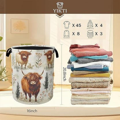 Laundry Hamper, Highland Cow Laundry Basket, Farmhouse Watercolor Flower