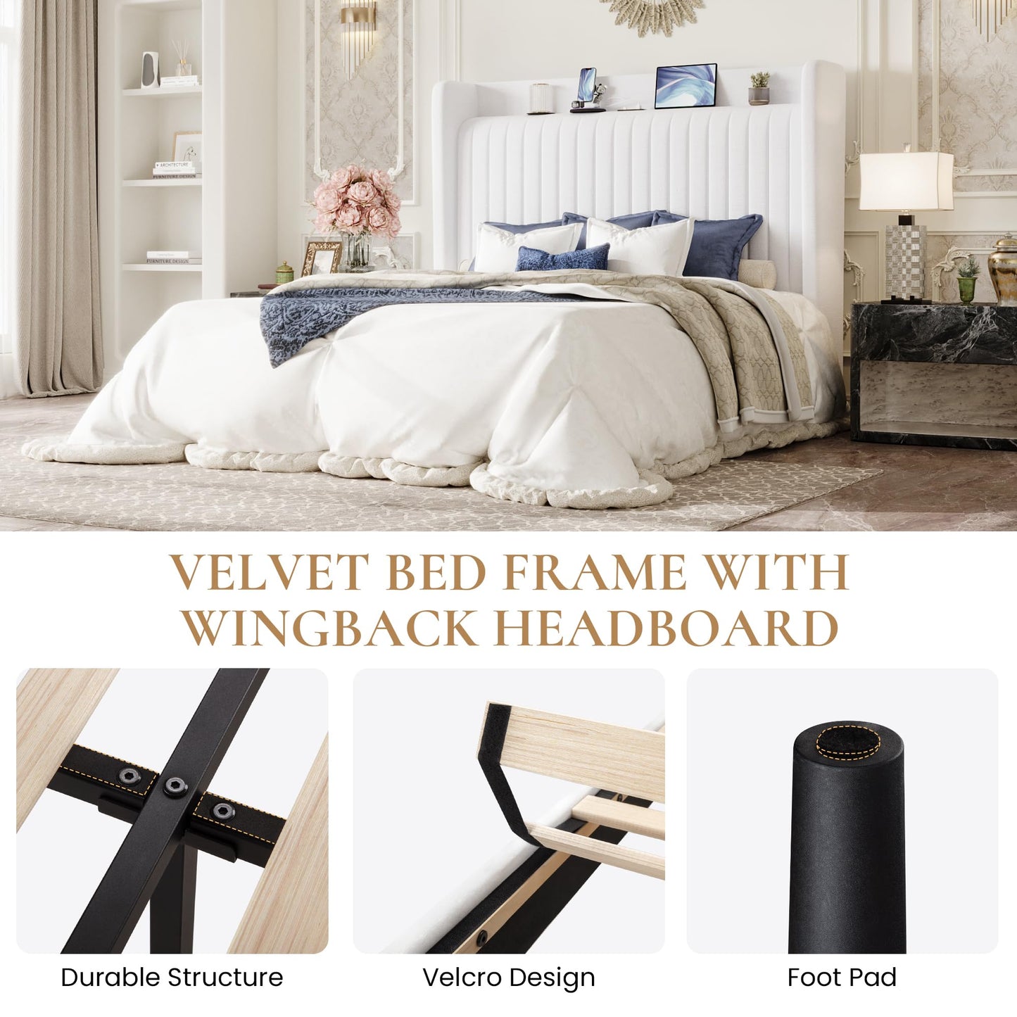 SHA CERLIN Queen Size Velvet Bed Frame with USB Charging Station, Wingback Storage Headboard, Upholstered Platform Bed with Wooden Slats Support, No Box Spring Needed, Easy Assembly, White