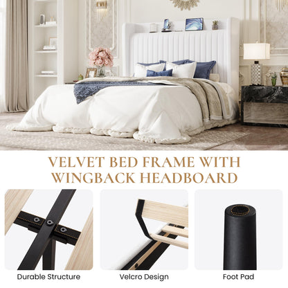 SHA CERLIN Queen Size Velvet Bed Frame with USB Charging Station, Wingback Storage Headboard, Upholstered Platform Bed with Wooden Slats Support, No Box Spring Needed, Easy Assembly, White