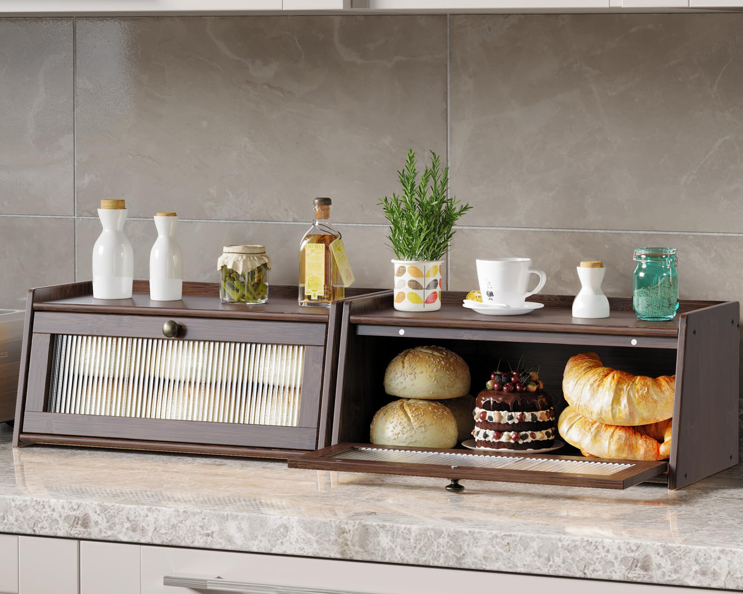 K KELBEL Bamboo Bread Box for Kitchen Counter, Wooden Large Capacity Bread Storage Bin with Window Bread Holder (Single Layer Brown)