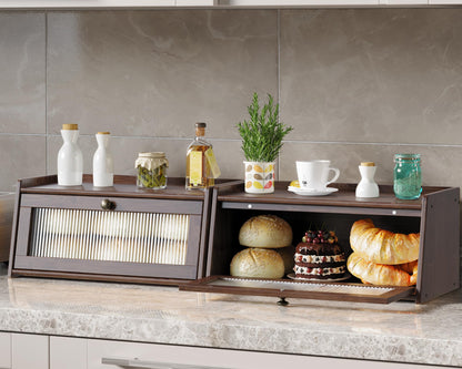 K KELBEL Bamboo Bread Box for Kitchen Counter, Wooden Large Capacity Bread Storage Bin with Window Bread Holder (Single Layer Brown)