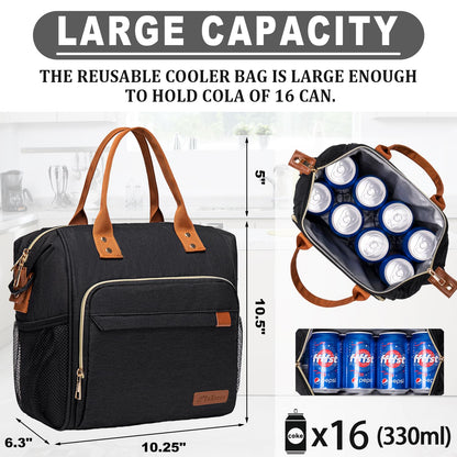 Black Lunch Box for Women Insulated Lunch Bag for Work - Adult Stylish Lunch Tote Bag for Shopping Soft Cooler for Beach Picnic Travel