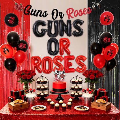 Wonmelody Guns Or Roses Gender Reveal Decorations Red Black Guns Or Roses Banner Cake Topper Balloon Sash Fringes Card Set Gender Reveal Theme Kit for Expecting Parents