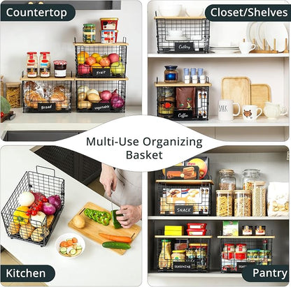 1 Pack Stackable Storage Trash Bag Baskets with Bamboo Top, Large & Standard Trash, Garbage Bag Holder Dispenser, Multiuse Basket for Kitchen Pantry Cabinet Counter Under Sink Laundry Organizing