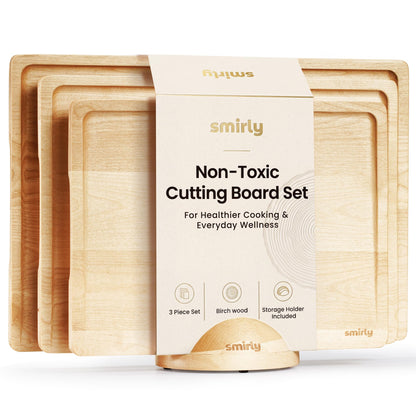 SMIRLY Wooden Cutting Board for Kitchen - Birch Wood Cutting Boards for Meal Prep, Serving, Charcuterie - Kitchen Gadgets, House Warming Gifts - Wood Chopping Board Set of 3 with Holder