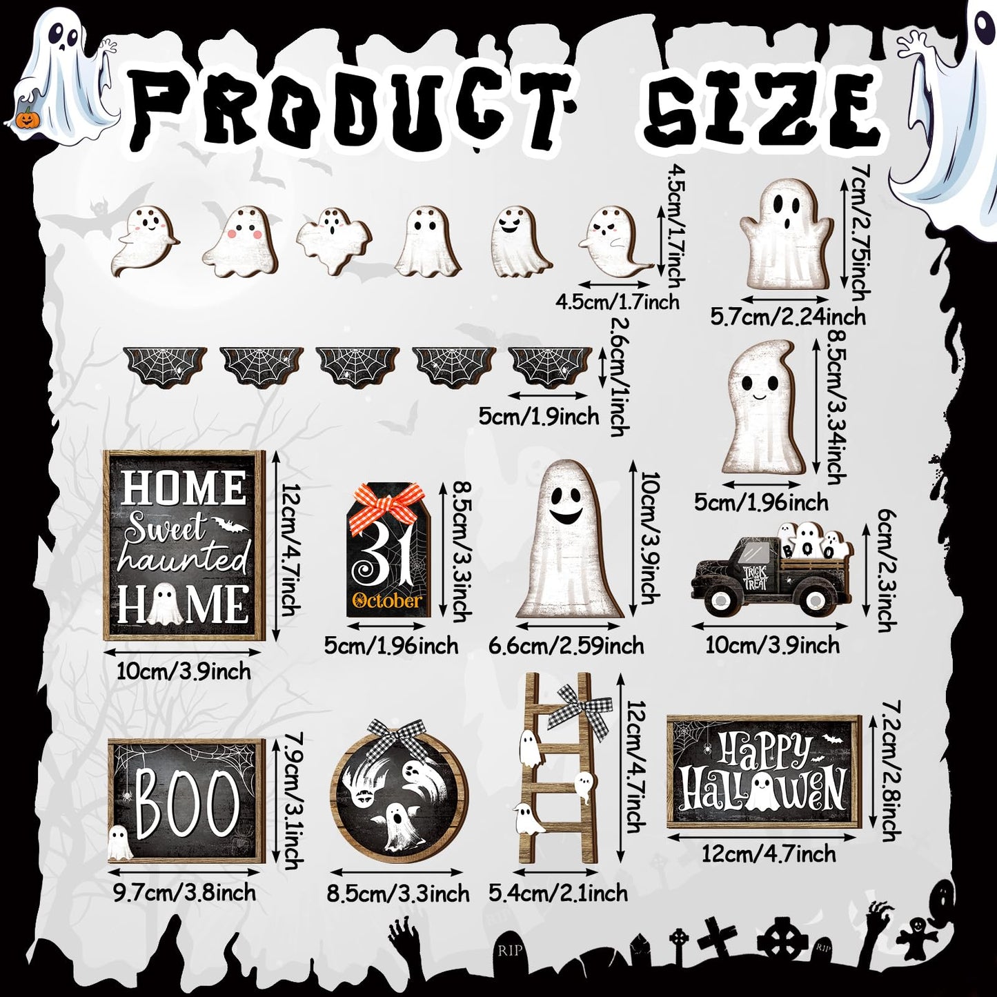 MiniInflat 1 Sets Halloween Tiered Tray Decor Set Happy Halloween Wooden Signs Rustic Table Centerpieces Farmhouse Decor for Home Table, Tray Not Included(Ghost,Black White)
