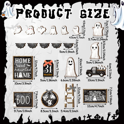 MiniInflat 1 Sets Halloween Tiered Tray Decor Set Happy Halloween Wooden Signs Rustic Table Centerpieces Farmhouse Decor for Home Table, Tray Not Included(Ghost,Black White)