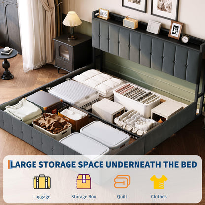 Garvee King Size Lift Up Storage Bed, Upholstered Velvet Bed Frame with Storage Headboard, Metal Platform Bed, No Box Spring Needed, Solid Wooden Slats, Noise Free, Grey